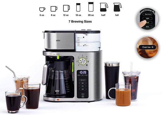 Braun MultiServe Machine 7 Programmable Sizes 3 Brew Strengths Iced Coffee Golden SCA Certified Glass Carafe